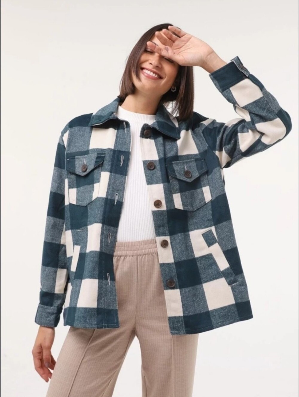 NWT Gap Plaid Shacket Jacket in Teal Green & Cream - Women Size Large